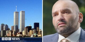 A split screen of the Twin Towers on the right and a man with tears in his eyes wearing a suit on the right.