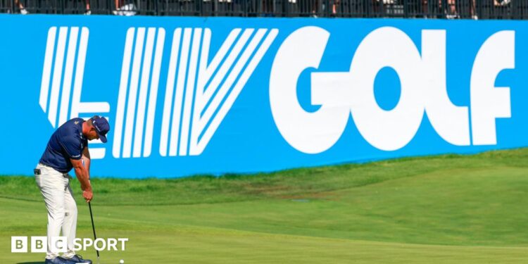 Golfer Bryson DeChambeau putts in front of a big blue and white LIV Golf sign