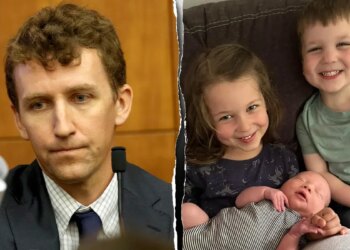 (L) Patrick Clancy and (R) 5-year-old Cora, 3-year-old Dawson and 7-month-old Callan, who died.