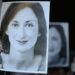 Protesters hold a black and white picture of the late journalist Daphne Caruana Galizia