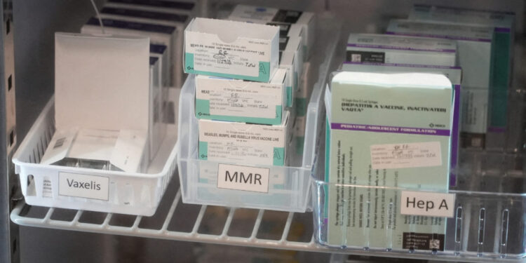 FILE PHOTO: MMR vaccines sit inside a medical refrigerator in Spartanburg