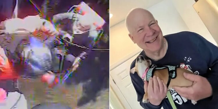 split photo of craig berg smiling and officials hoisting man into helicopter