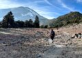 A rescuer hikes along rough terrain and rocks toward Mount Shasta