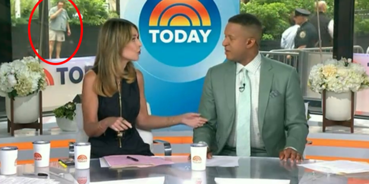 A man resembling the suspect in the racial attack on "Today" co-host Craig Melvin appears in the background of the show on the morning of the July 16, 2026, attack at Rockefeller Center in New York.