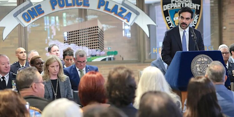 Mayor Zohran Mamdani speaks at a 9/11 Memorial Wall unveiling ceremony at One Police Plaza.