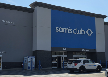 A Metro Nashville Police vehicle parked outside the entrance of a Sam’s Club on Antioch Pike.