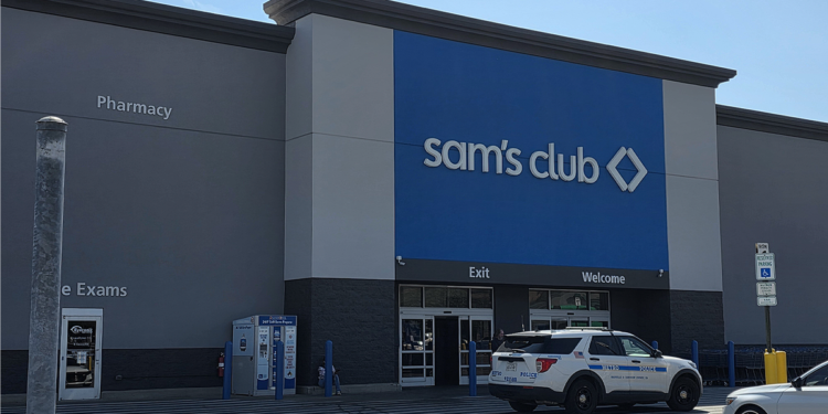 A Metro Nashville Police vehicle parked outside the entrance of a Sam’s Club on Antioch Pike.