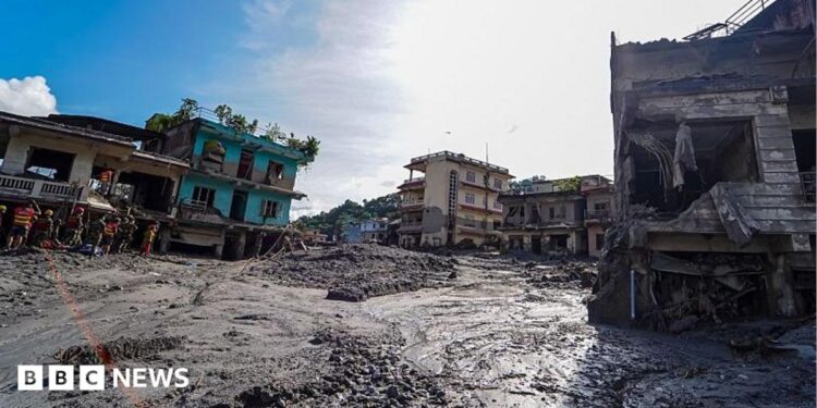 Floodwaters cover low-lying areas and settlements near the Bhotekoshi River in Nuwakot, Nepal