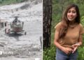 Split screen showing a helicopter landed on rubble and BBC reporter Azadeh Moshiri speaking to camera surrounded by greenery.