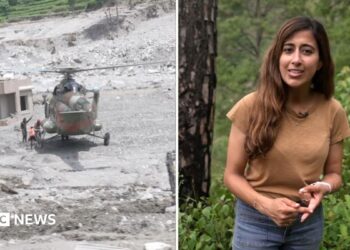 Split screen showing a helicopter landed on rubble and BBC reporter Azadeh Moshiri speaking to camera surrounded by greenery.