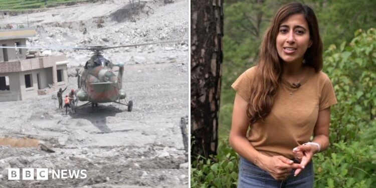 Split screen showing a helicopter landed on rubble and BBC reporter Azadeh Moshiri speaking to camera surrounded by greenery.