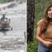 Split screen showing a helicopter landed on rubble and BBC reporter Azadeh Moshiri speaking to camera surrounded by greenery.
