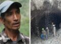 A split screen image. On the right, a Nepalese man wearing a checked shirt and a cap. On the right, water pours down in front of a tunnel.
