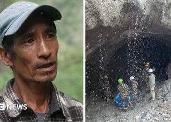 A split screen image. On the right, a Nepalese man wearing a checked shirt and a cap. On the right, water pours down in front of a tunnel.