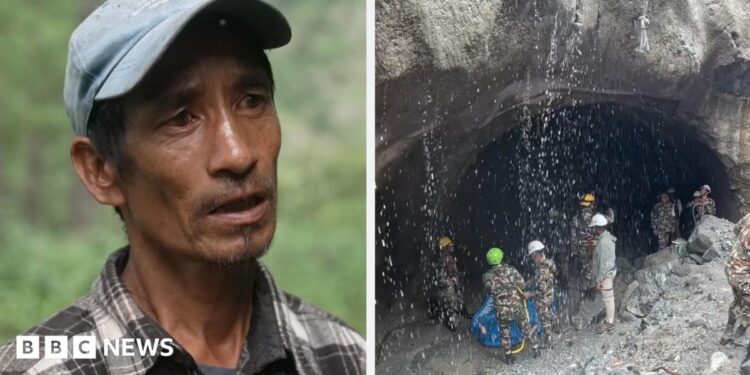 A split screen image. On the right, a Nepalese man wearing a checked shirt and a cap. On the right, water pours down in front of a tunnel.