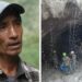 A split screen image. On the right, a Nepalese man wearing a checked shirt and a cap. On the right, water pours down in front of a tunnel.
