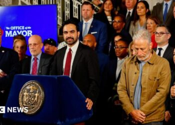 New York City Mayor Mamdani and actor and activist Jon Stewart attend a press conference, releasing more than 170,000 pages of previously unreleased records related to air quality in the aftermath of the 11 September 2001 attacks