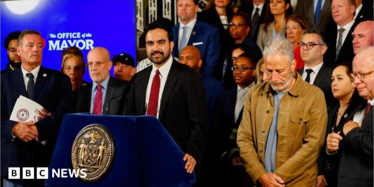 New York City Mayor Mamdani and actor and activist Jon Stewart attend a press conference, releasing more than 170,000 pages of previously unreleased records related to air quality in the aftermath of the 11 September 2001 attacks