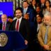 New York City Mayor Mamdani and actor and activist Jon Stewart attend a press conference, releasing more than 170,000 pages of previously unreleased records related to air quality in the aftermath of the 11 September 2001 attacks