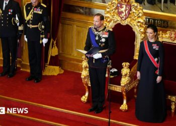 Norway's King Haakon attends a ceremony to take the Oath of Allegiance to the Constitution at the Norwegian Parliament, next to Crown Princess Ingrid Alexandra