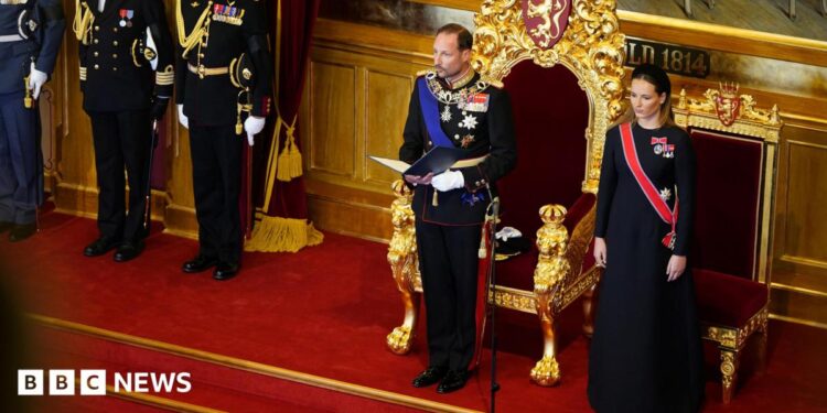 Norway's King Haakon attends a ceremony to take the Oath of Allegiance to the Constitution at the Norwegian Parliament, next to Crown Princess Ingrid Alexandra