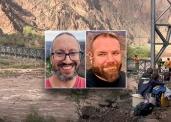 Flooding at Grand Canyon National Park and split image of victims John Giusti and Brent Rosenkranz