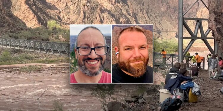 Flooding at Grand Canyon National Park and split image of victims John Giusti and Brent Rosenkranz