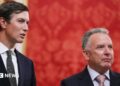 Jared Kushner, U.S. President Donald Trump's son-in-law, and U.S. Special Envoy Steve Witkoff wait before a meeting with Russian President Vladimir Putin at the Kremlin in Moscow, Russia