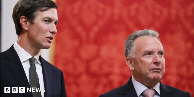 Jared Kushner, U.S. President Donald Trump's son-in-law, and U.S. Special Envoy Steve Witkoff wait before a meeting with Russian President Vladimir Putin at the Kremlin in Moscow, Russia
