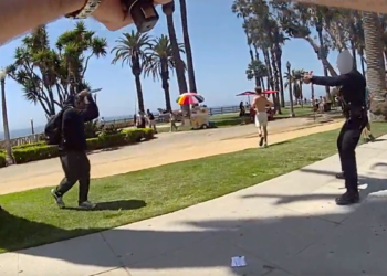 Santa Monica police bodycam shows Michael Rodriguez approaching an officer with a knife raised in Palisades Park