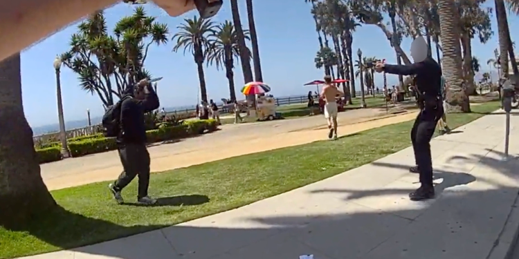 Santa Monica police bodycam shows Michael Rodriguez approaching an officer with a knife raised in Palisades Park