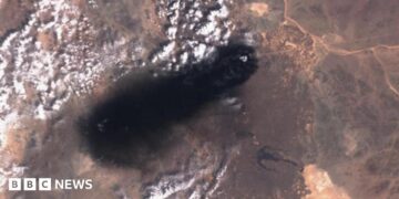 Satellite images show blackened areas where the East-West pipeline was hit