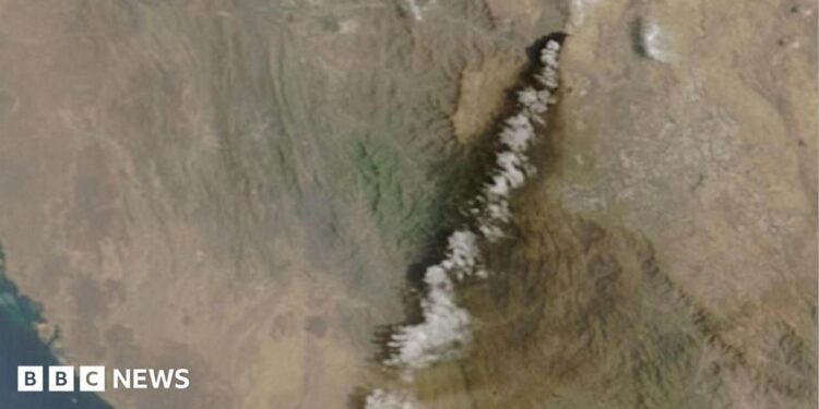 A satellite image shows smoke rising from the Saudi Aramco bulk plant in Abha, Saudi Arabia, after what the Saudi-led coalition in Yemen said were missile and drone attacks by Yemen's Iran-backed Houthi movement (8 September 2026)