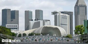 The Singapore skyline centered on the Esplanade