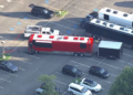An overhead view of the tour bus that collapsed onto a worker