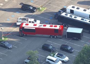 An overhead view of the tour bus that collapsed onto a worker