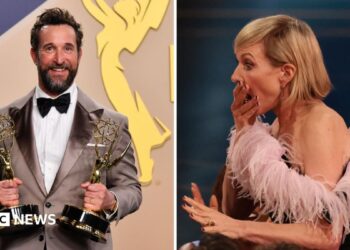 A composite image of 2026 Emmy Award winners Noah Wyle and Allison Janney.