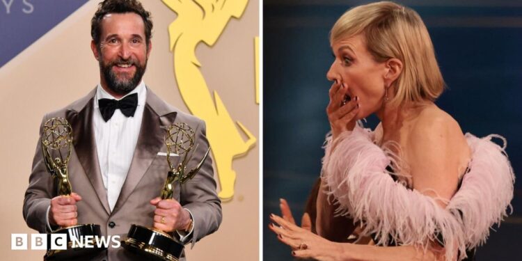 A composite image of 2026 Emmy Award winners Noah Wyle and Allison Janney.