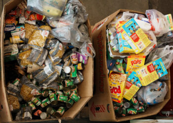 Pallets of donated food sit in the warehouse at the Houston Food Bank in Houston on Aug. 12, 2026.