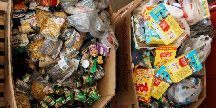 Pallets of donated food sit in the warehouse at the Houston Food Bank in Houston on Aug. 12, 2026.