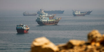 FILE PHOTO: Vessels near the Strait of Hormuz, as seen from Musandam