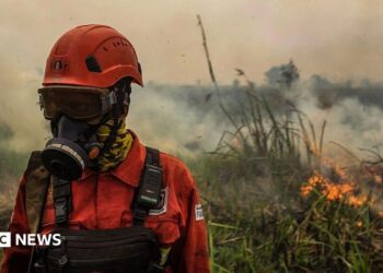 A person in orange firefighting uniform, helmet and gas mask stands amid smoke in front of flaming grass