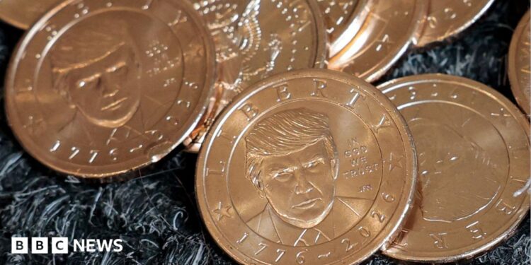 US President Donald Trump's portrait on $1 coins, in honor of the nation's 250th anniversary of independence, on the day the coin is released for sale.