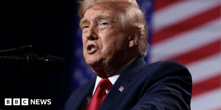 U.S. President Donald Trump delivers remarks at Red Rock Casino Resort Spa in Las Vegas, Nevada, U.S., August 5, 2026. It is a head-and-shoulders shot and he is wearing a blue jacket and shiny red tie.