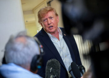 U.S. President Donald Trump speaks to members of the media after traveling to Ireland