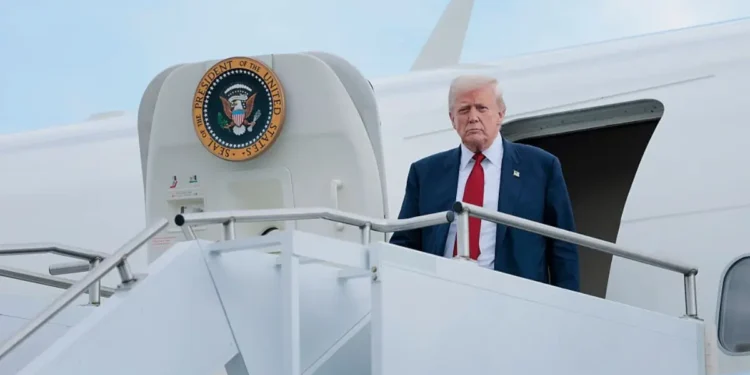 A viral video of Trump carefully climbing Air Force One stairs with safety instructions has sparked age and mobility discussions. (Photo by Anna Moneymaker/Getty Images)