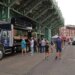 fans observe the section of the south tower on display at Fenway Park