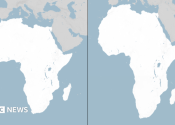 Side-by-side maps of Africa comparing two map projections. The Mercator projection on the left makes Africa appear smaller in comparison with Europe to its north. The Equal Earth projection on the right shows a longer, more proportionally accurate shape of the continent.