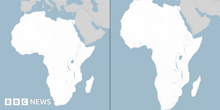Side-by-side maps of Africa comparing two map projections. The Mercator projection on the left makes Africa appear smaller in comparison with Europe to its north. The Equal Earth projection on the right shows a longer, more proportionally accurate shape of the continent.