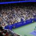 A view above Arthur Ashe Stadium as a light show takes place before the night session